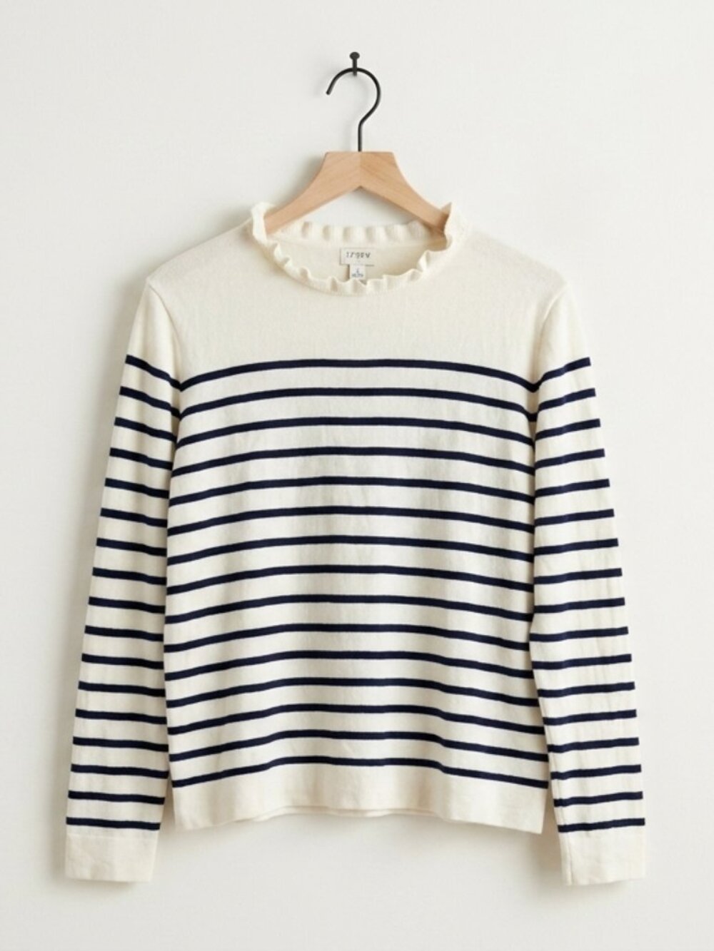 J.Crew Ivory Navy Breton Stripe Ruffleneck Cotton Sweater Size L